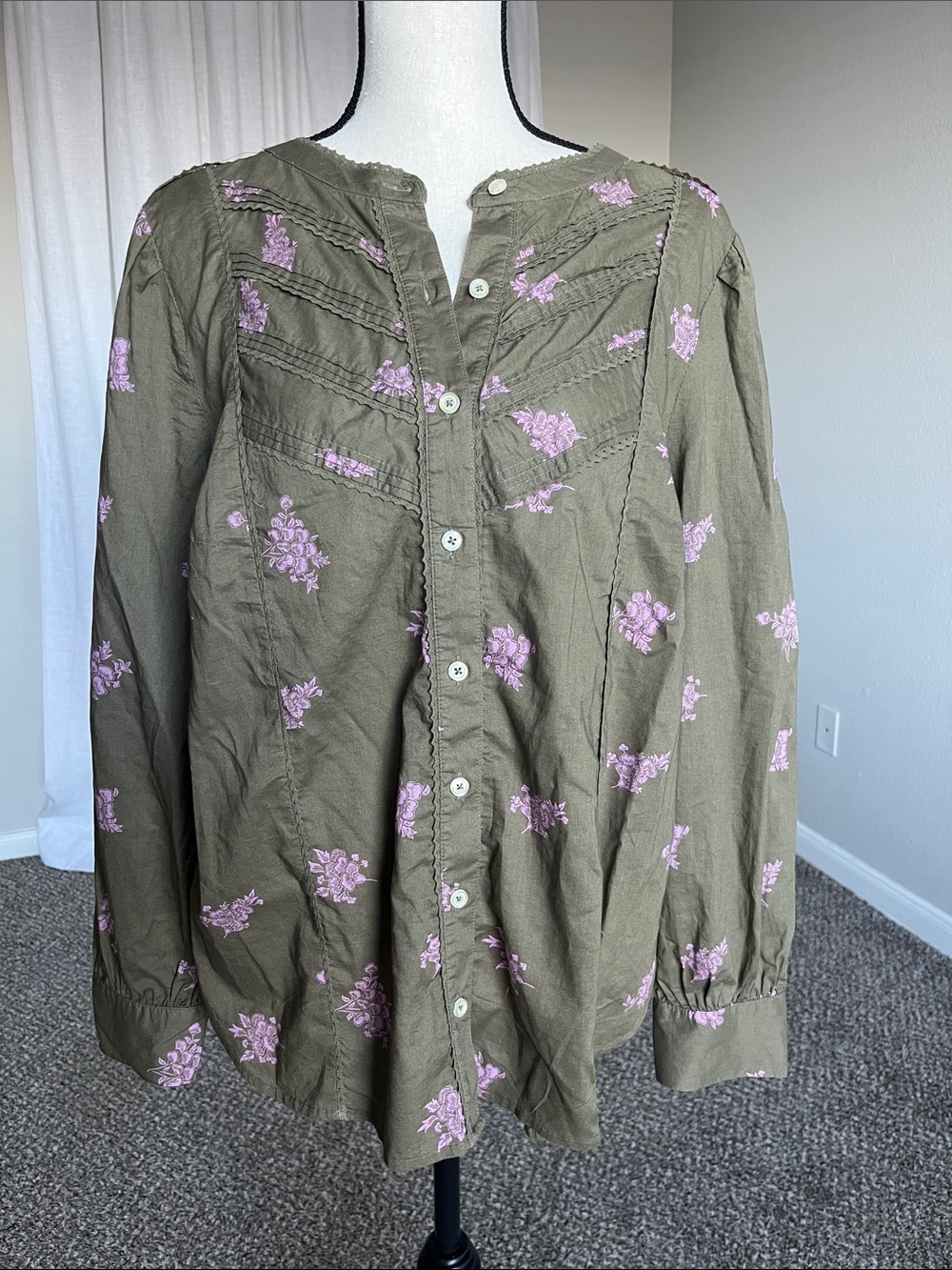 Talbots 100% Cotton Long Sleeve Button Down Blouse Olive Lavender Floral Size 1X